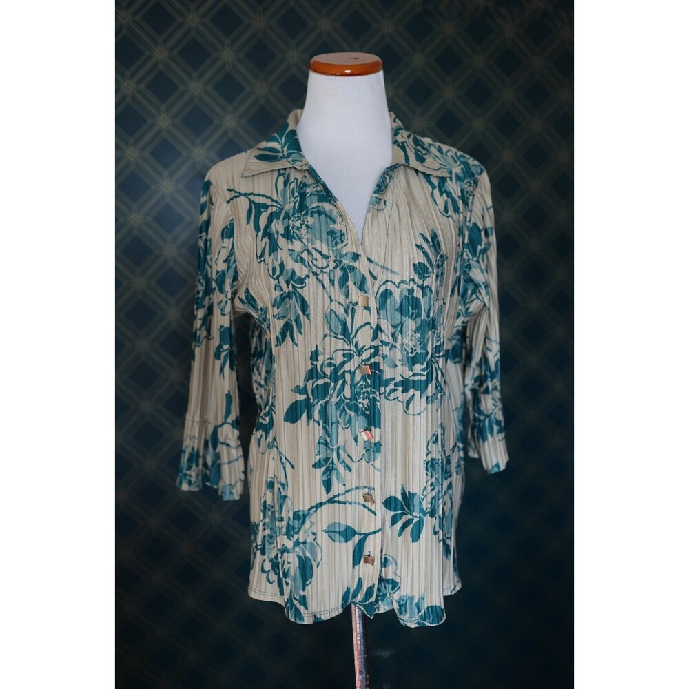 Rio & Rian Pleated Button Down Tunic Blue Teal Floral Tropical Fairy Large